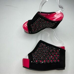 Beauty heels rhinestone vtg wedges faux suede bright pink patent leather sz 7